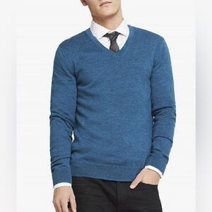EXPRESS Merino Wool Modern Fit V Neck Sweater Blue S